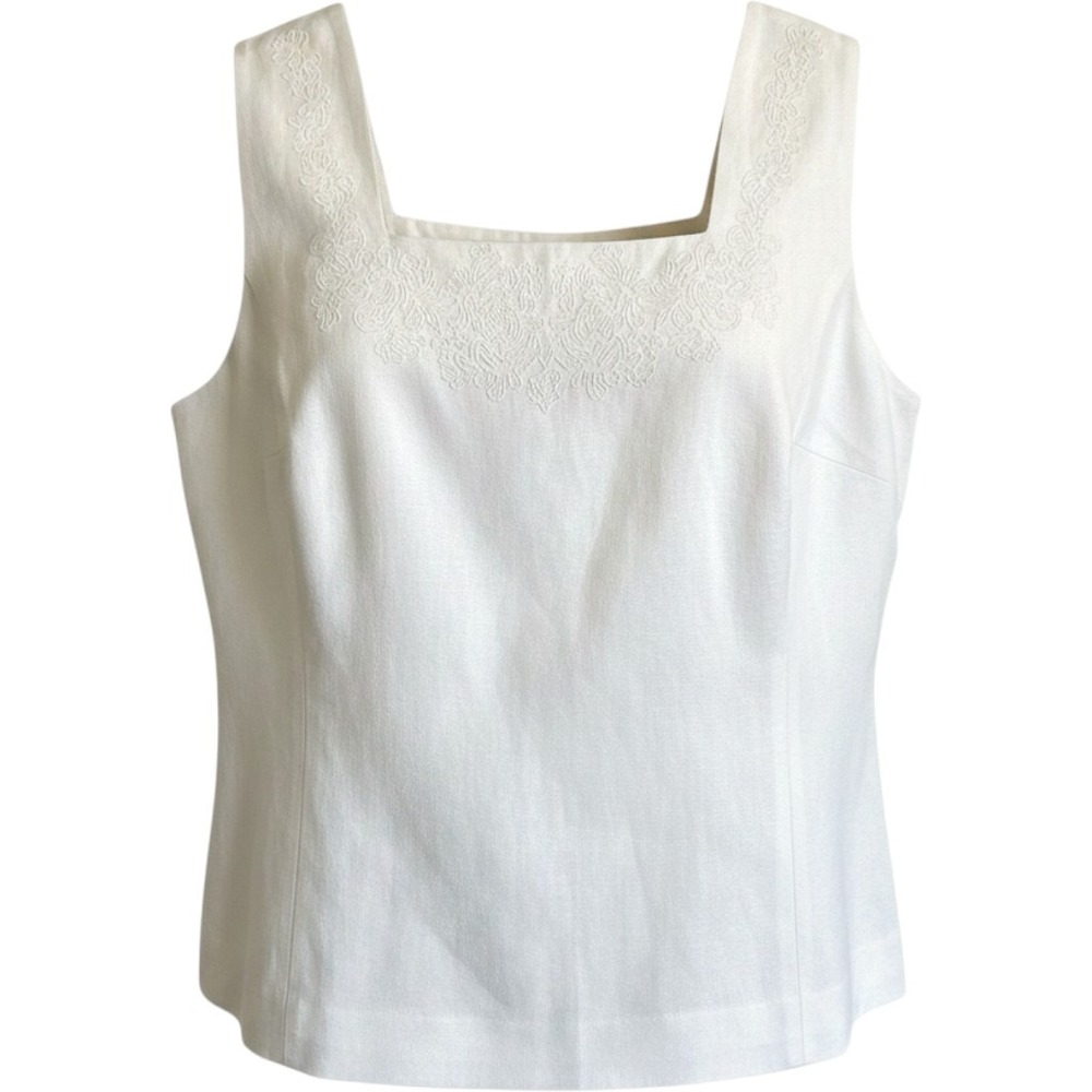 Silk Linen Blend Embroidered Square Neck Sleeveless Shell Blouse Ivory White‎